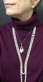 wearing layers of wool along with my natural white hanadama rope and studs from PP, my very first akoya rope, and my littleH emerald and souffle' enhancer and tincup