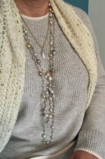 Cashmere and knitting and sequins and pearls. Mikimoto earrings. Kojima layers. Feather pearl pendant. Beachy tin-cup. Mixed tin-cup.