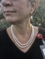 Double strand of 8 mm Freshadamas with Nana's clasp in back this time.   Drops from Kojima on my diamond huggies