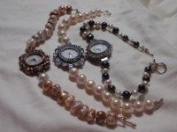 Miscellaneous freshwater cultured pearls (some dyed) as watch straps, on Dandyline with sterling.jpg