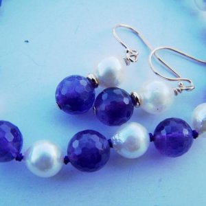 Faceted amethysts with akoya pearl bracelet and earrings.
