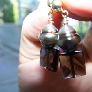 Silver and chocolate striped Tahitian Pearl earrings with faceted smokey quartz.