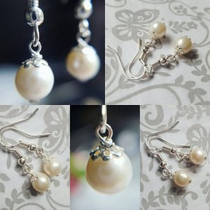 Second pair of Freshwater pearl earrings, white, sterling silver findings. Also did my own drilling hole. Next will be "bail" type pearls for either a dainty freshwater pearl necklace (for my daughters)
