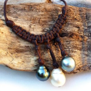 black pearls and leather tahitian pearl australian pearl woman necklace
