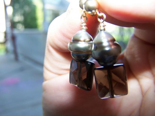 Silver and chocolate striped Tahitian Pearl earrings with faceted smokey quartz.